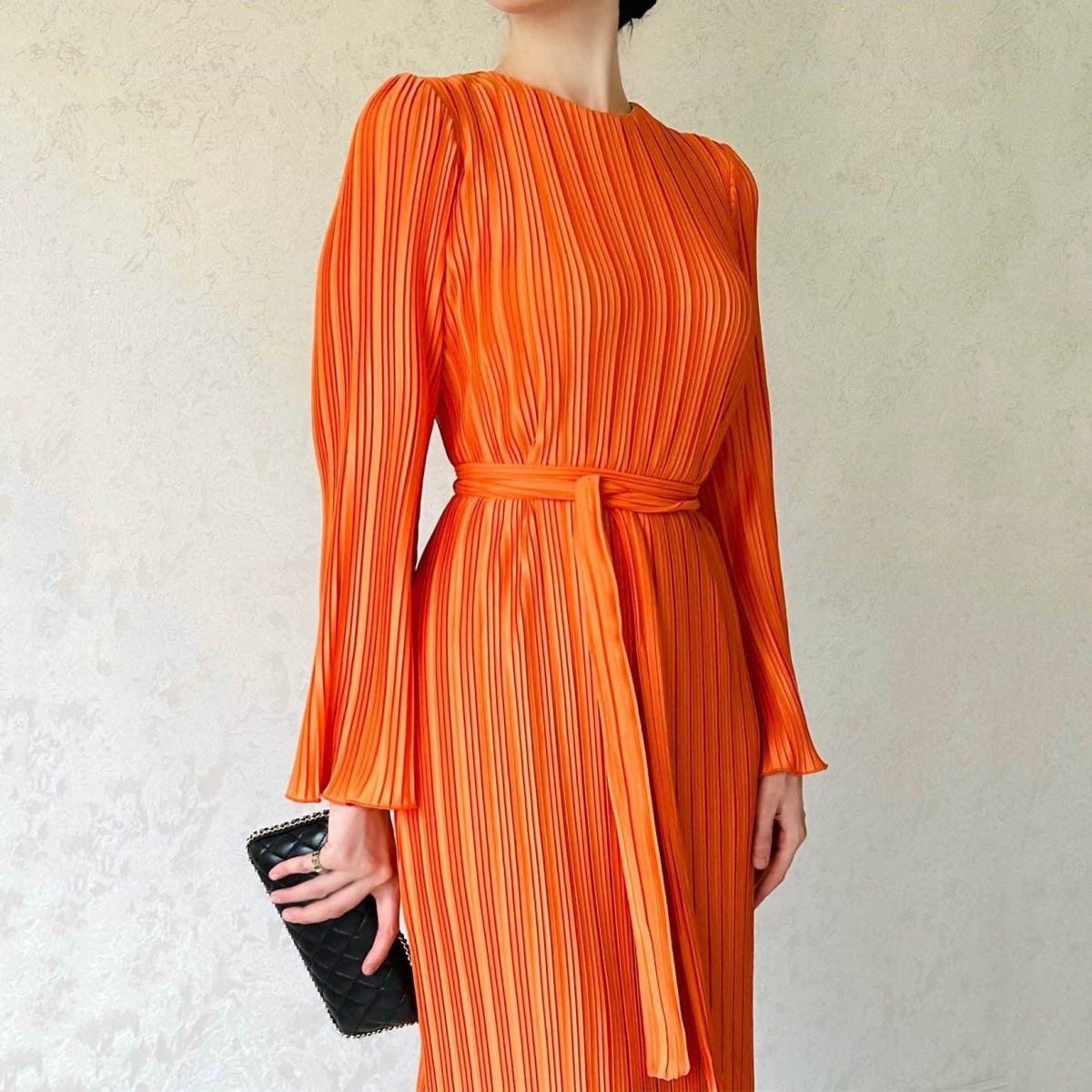 Autumn New Pleated Flared Sleeve Wedding Guest Dress Abaya with Belt. (MA193) - Mariam's Collection