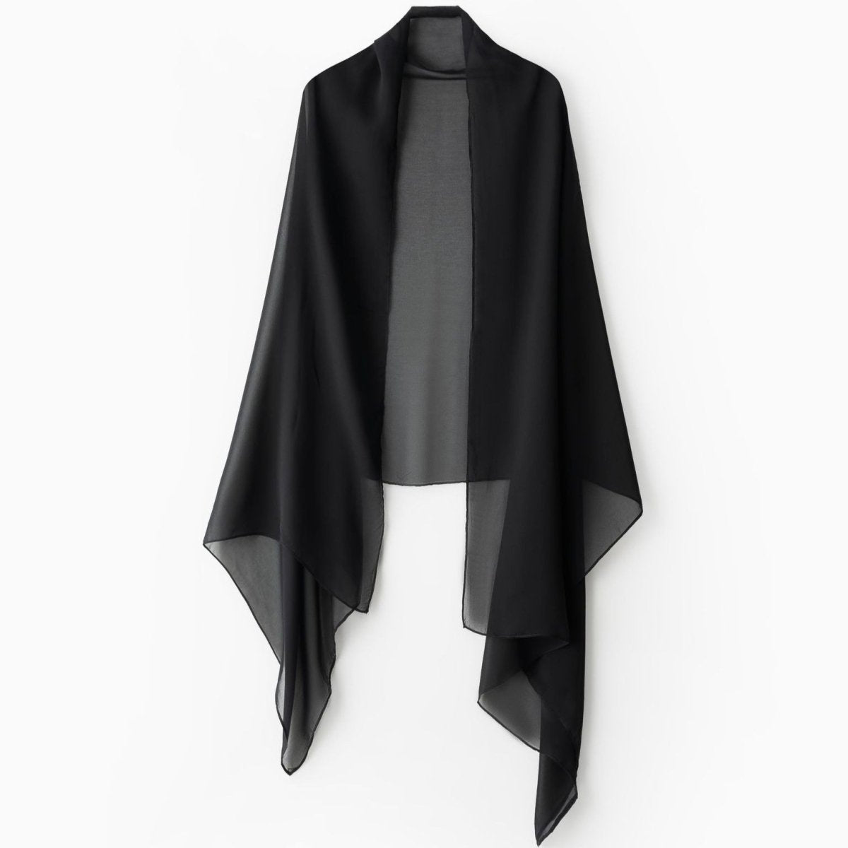 Full-length front view of black beaded embroidered abaya showing A-line floor-sweeping hem