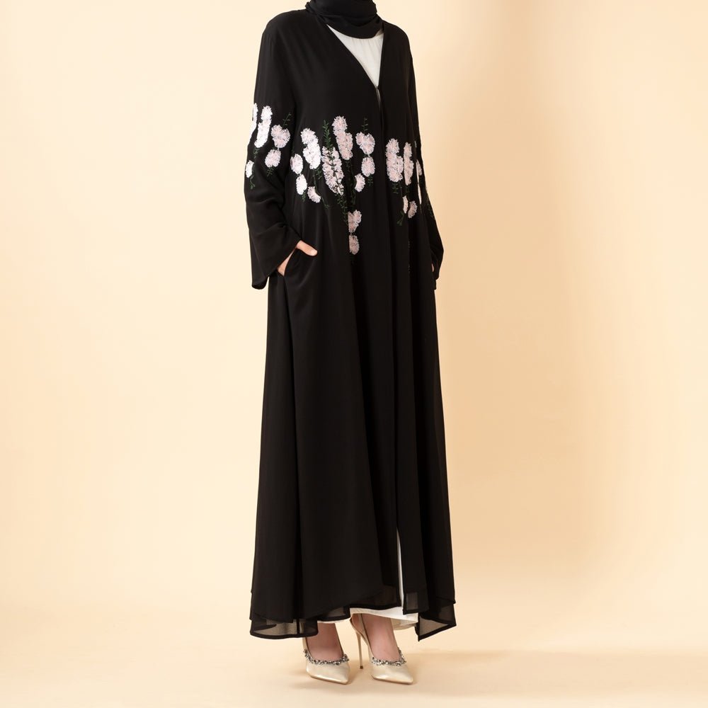 Bloom Floral Embroidered Chiffon Open Abaya – Luxury Abaya