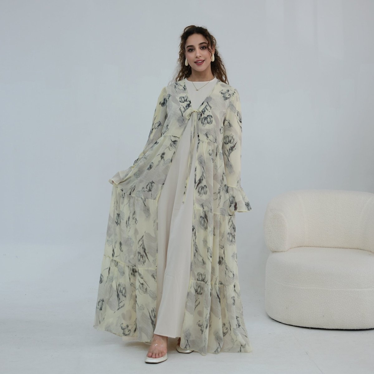 Chiffon Crinkle Flared Sleeve Tiered Open Abaya Set(MOA341) - Mariam's Collection