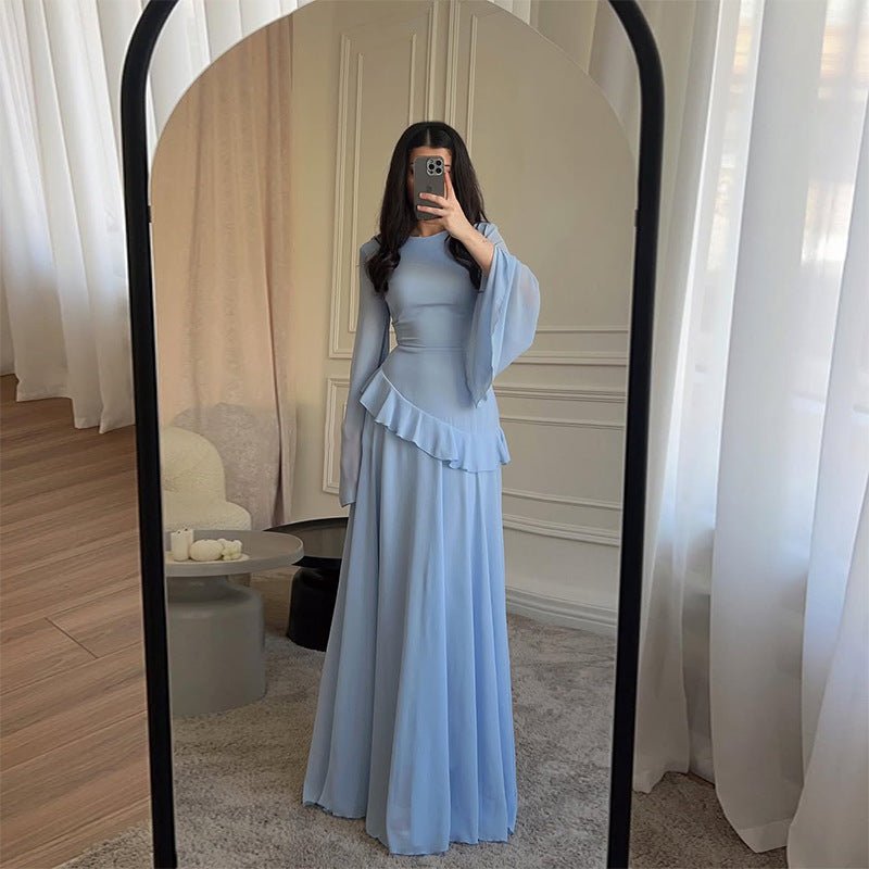 Chiffon Ruffle Gown Bell Sleeve – Tiered Maxi Dress