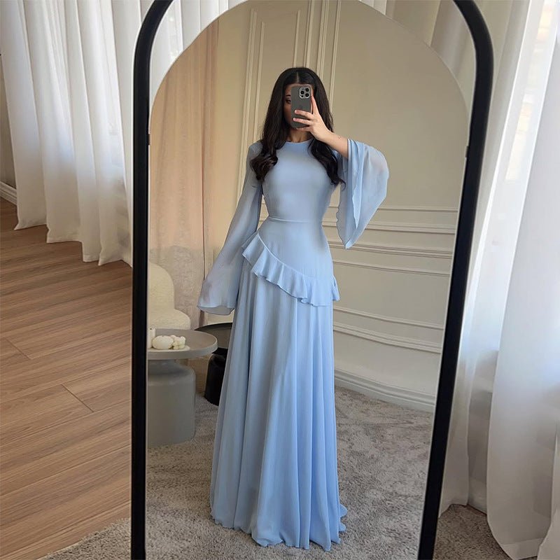 Chiffon Ruffle Gown Bell Sleeve – Tiered Maxi Dress