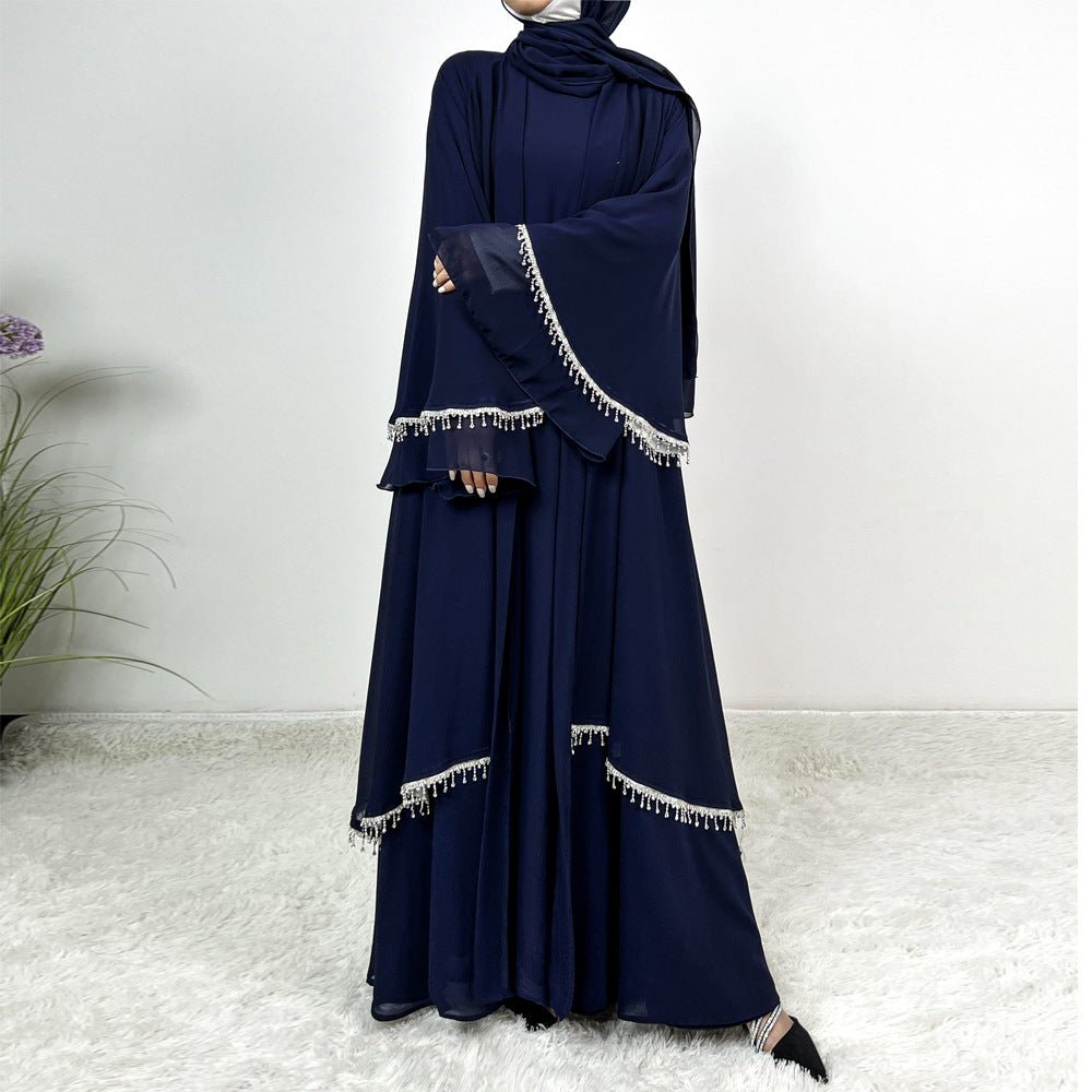 Diamond Beaded Fringe Flare Sleeve Chiffon Maxi Abaya Set. (MOA148) - Mariam's Collection