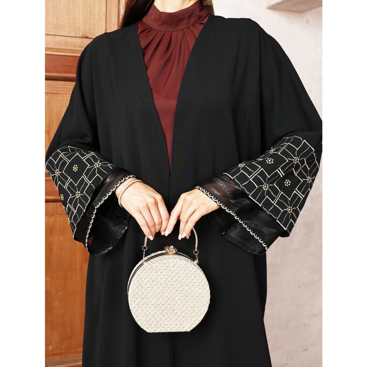 Elegant Brown & Black Bat Sleeve Robe Abaya | Gold Thread Embroidered Maxi Dress with Detachable Belt(MOA215) - Mariam's Collection