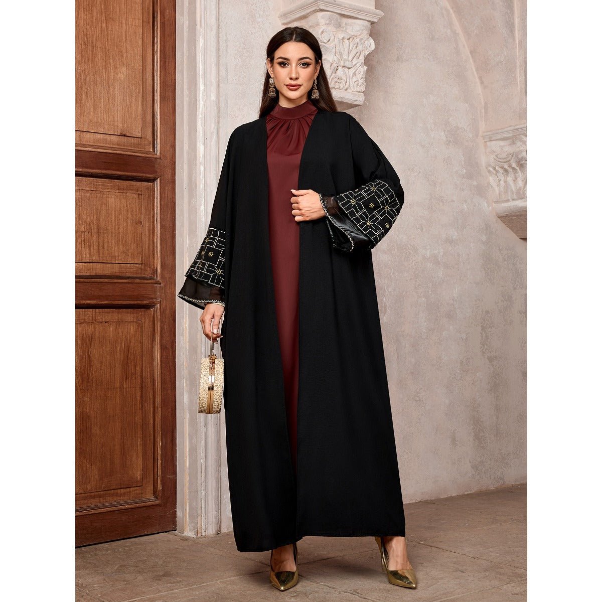Elegant Brown & Black Bat Sleeve Robe Abaya | Gold Thread Embroidered Maxi Dress with Detachable Belt(MOA215) - Mariam's Collection