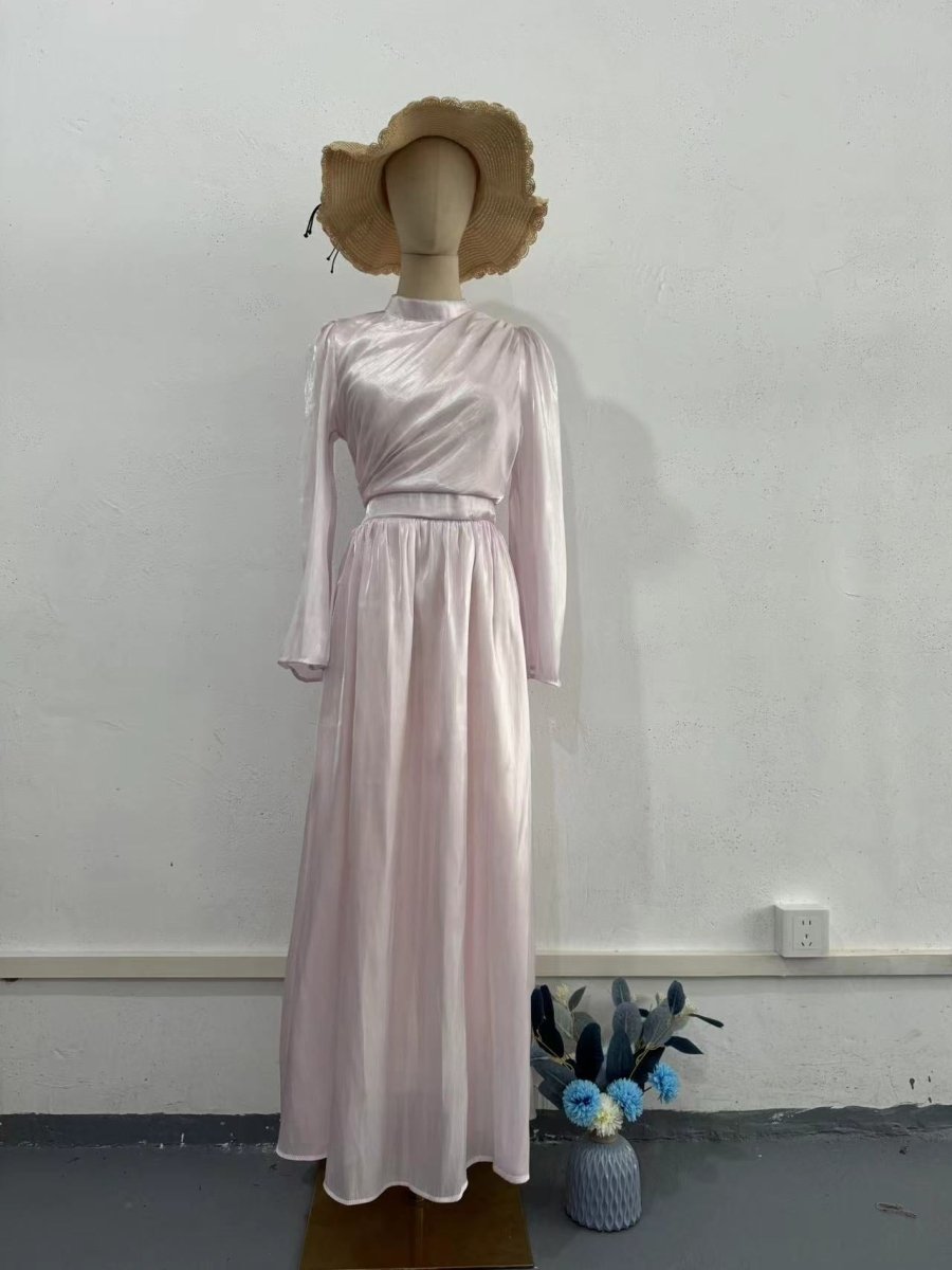 Elegant French Waist Pleated Half - Turtleneck Flared Sleeve Dresses Abaya Wedding Guest Gown. (MA199) - Mariam's Collection