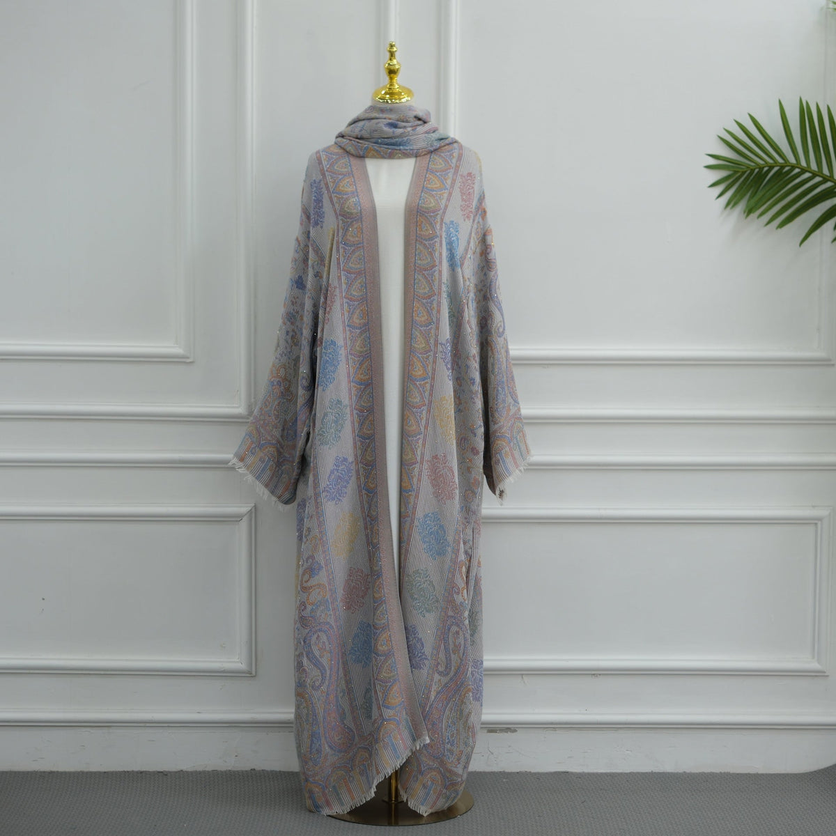 Full outfit styling of jacquard hijab and open abaya