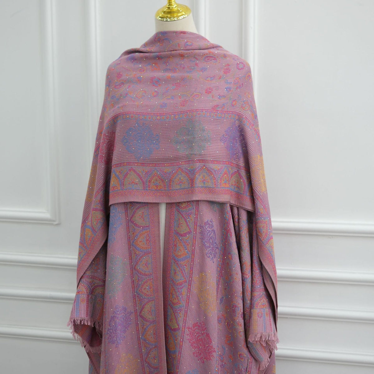 Open-front silhouette of jacquard rhinestone cardigan abaya