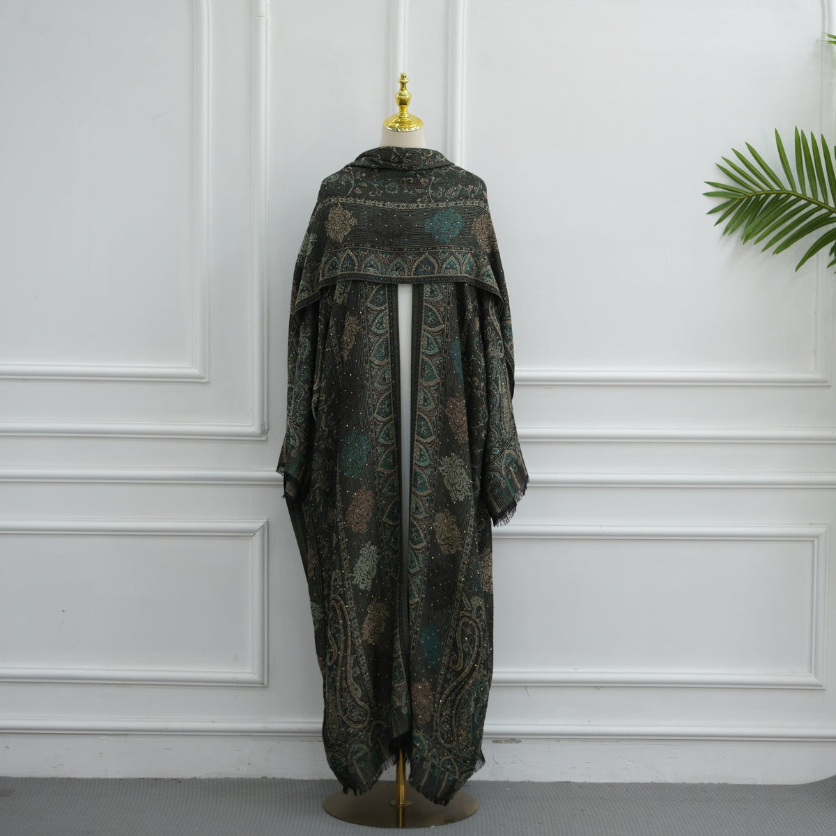 Garment flat lay of jacquard rhinestone open abaya and hijab