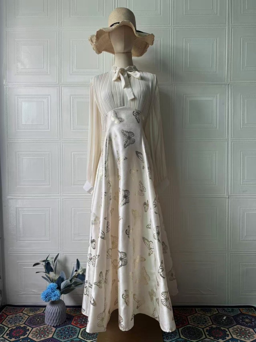 Elegant Long Sleeve Romantic Butterfly Pattern Gilded Long Dress Maxi Dress Gown Abaya. (MA219) - Mariam's Collection