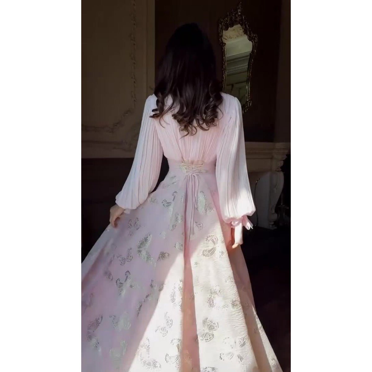 Elegant Long Sleeve Romantic Butterfly Pattern Gilded Long Dress Maxi Dress Gown Abaya. (MA219) - Mariam's Collection