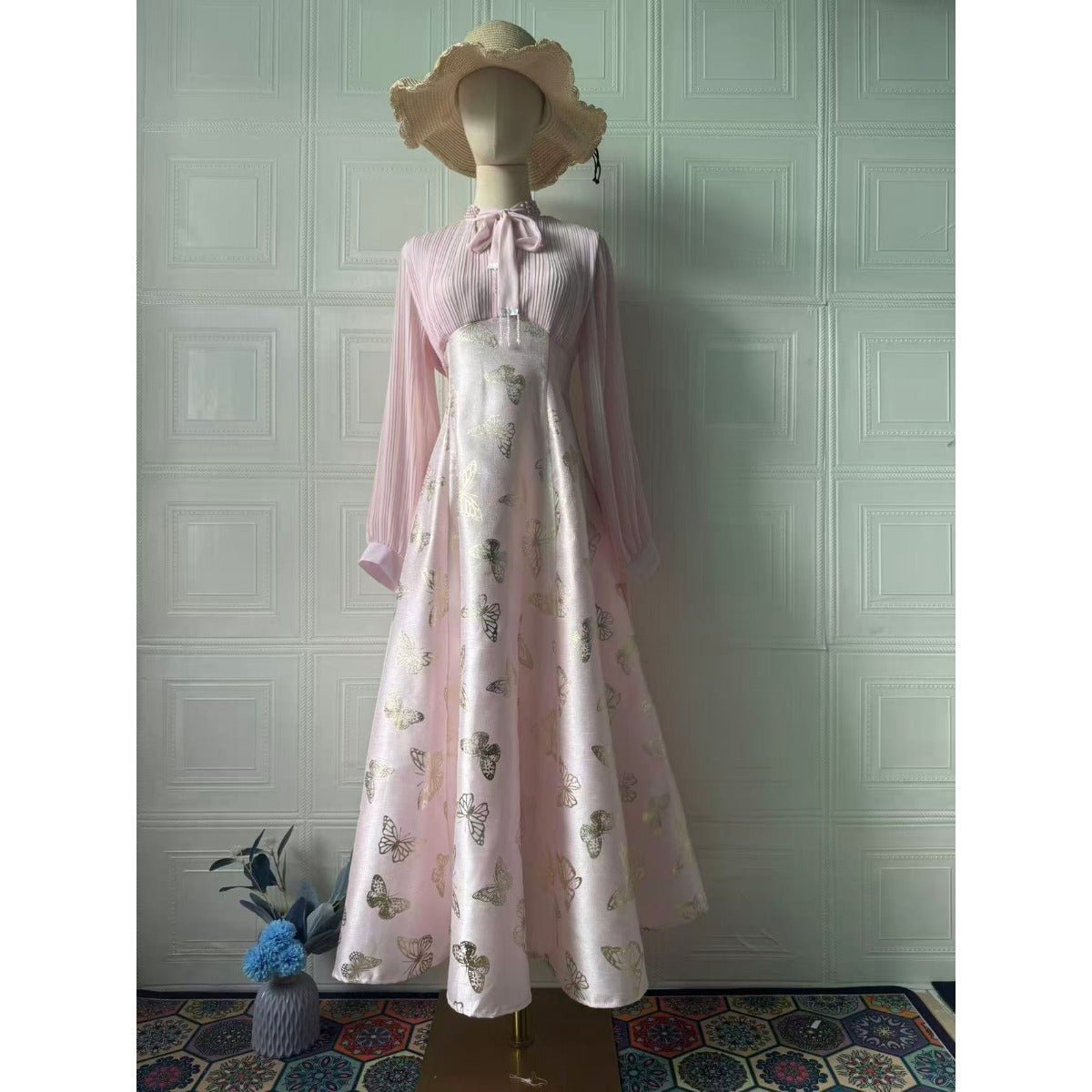 Elegant Long Sleeve Romantic Butterfly Pattern Gilded Long Dress Maxi Dress Gown Abaya. (MA219) - Mariam's Collection
