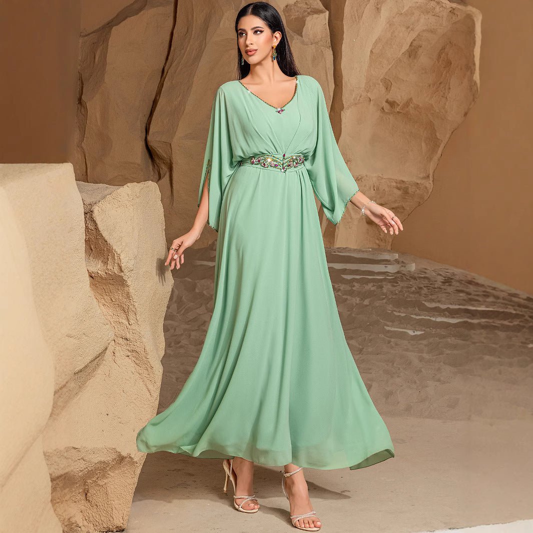 Elegant Mint Green V - Neck Swing Flowy A - Line Maxi Dress with Bell Sleeves & Embellished Belt Abaya. (MA189) - Mariam's Collection