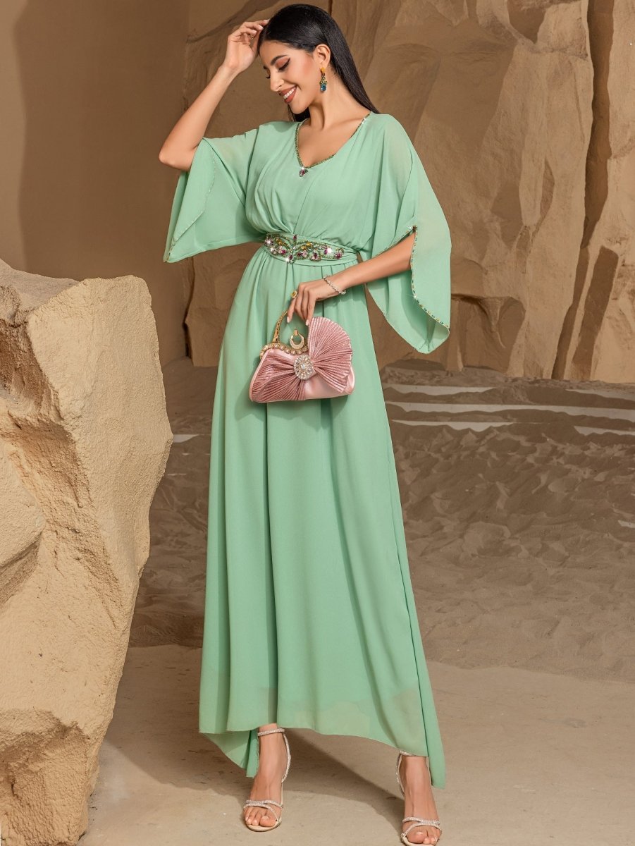 Elegant Mint Green V - Neck Swing Flowy A - Line Maxi Dress with Bell Sleeves & Embellished Belt Abaya. (MA189) - Mariam's Collection