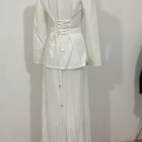 Elegant Pleated Abaya Dress with Diamond Embellished Collar & Waist | Modest Muslim Maxi Dress with Back Strap Detail(MA294) - Mariam's Collection