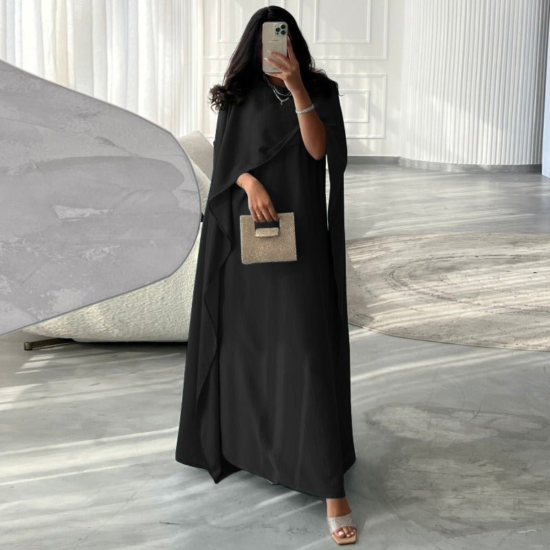 Elegant Royal Satin Abaya Dress | Modest Cape Sleeve Maxi Robe with Luxurious Draping(MA289) - Mariam's Collection