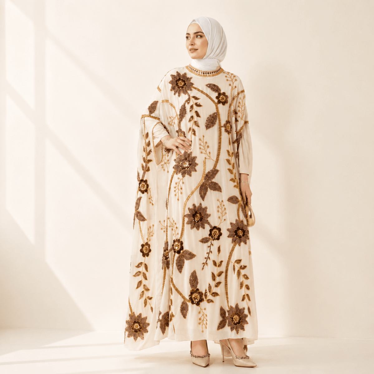 Embroidered Pearl Floral Abaya – Draped Batwing Abaya