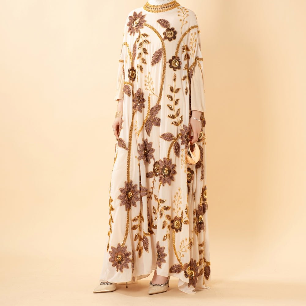 Front view of luxury embroidered pearl floral abaya in full length