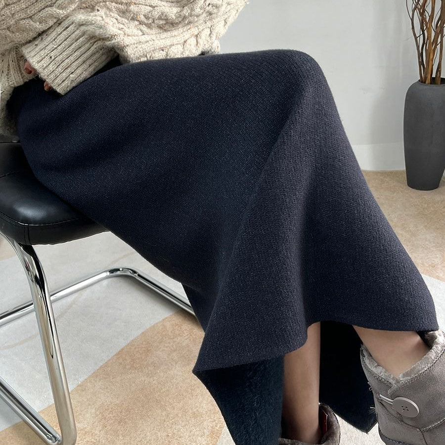 Fleece - Lined Knit Midi Skirt with Side Slit(MS207) - Mariam's Collection