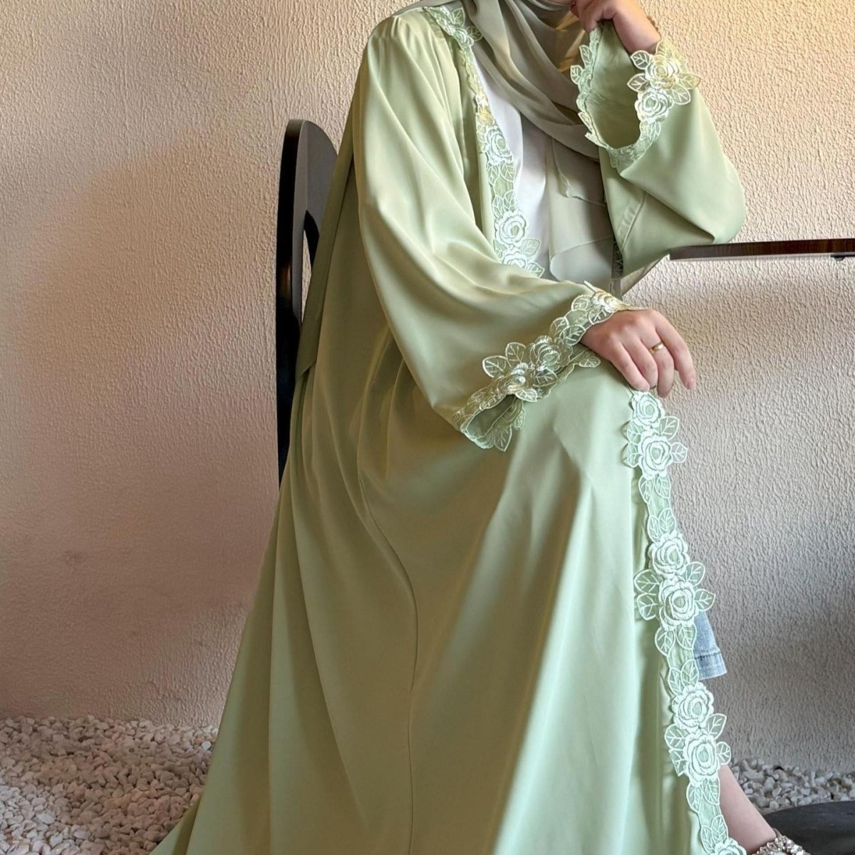Floral Lace Trim Abaya with Hijab(MOA264) - Mariam's Collection