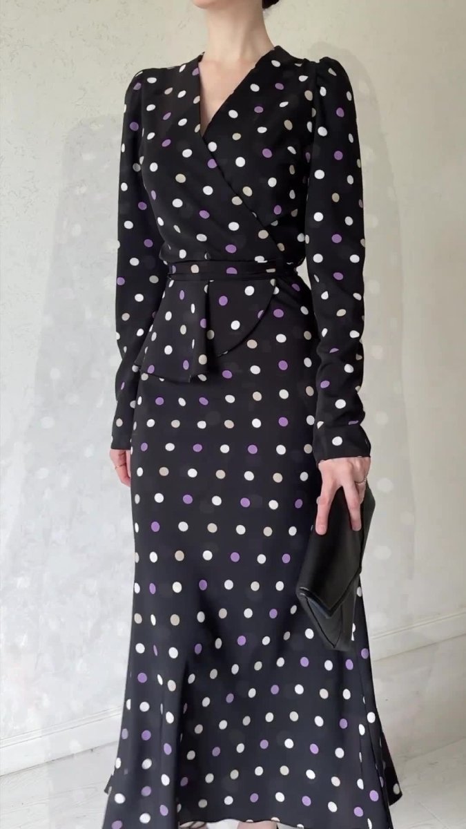 French Polka Dot V - Neck Fishtail Wedding and Holiday Dress Abaya. (MA197) - Mariam's Collection