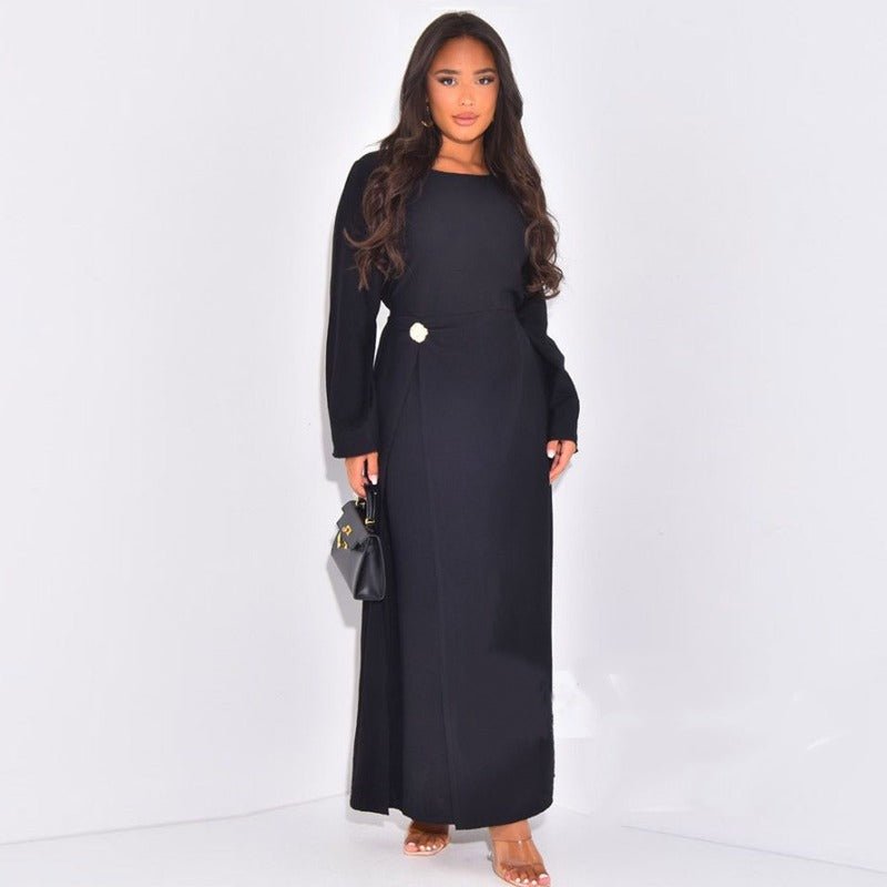 Ice Silk Crinkle Round Neck A - Line Work Dress with Decorative Button & Built - in Belt(MA308) - Mariam's Collection
