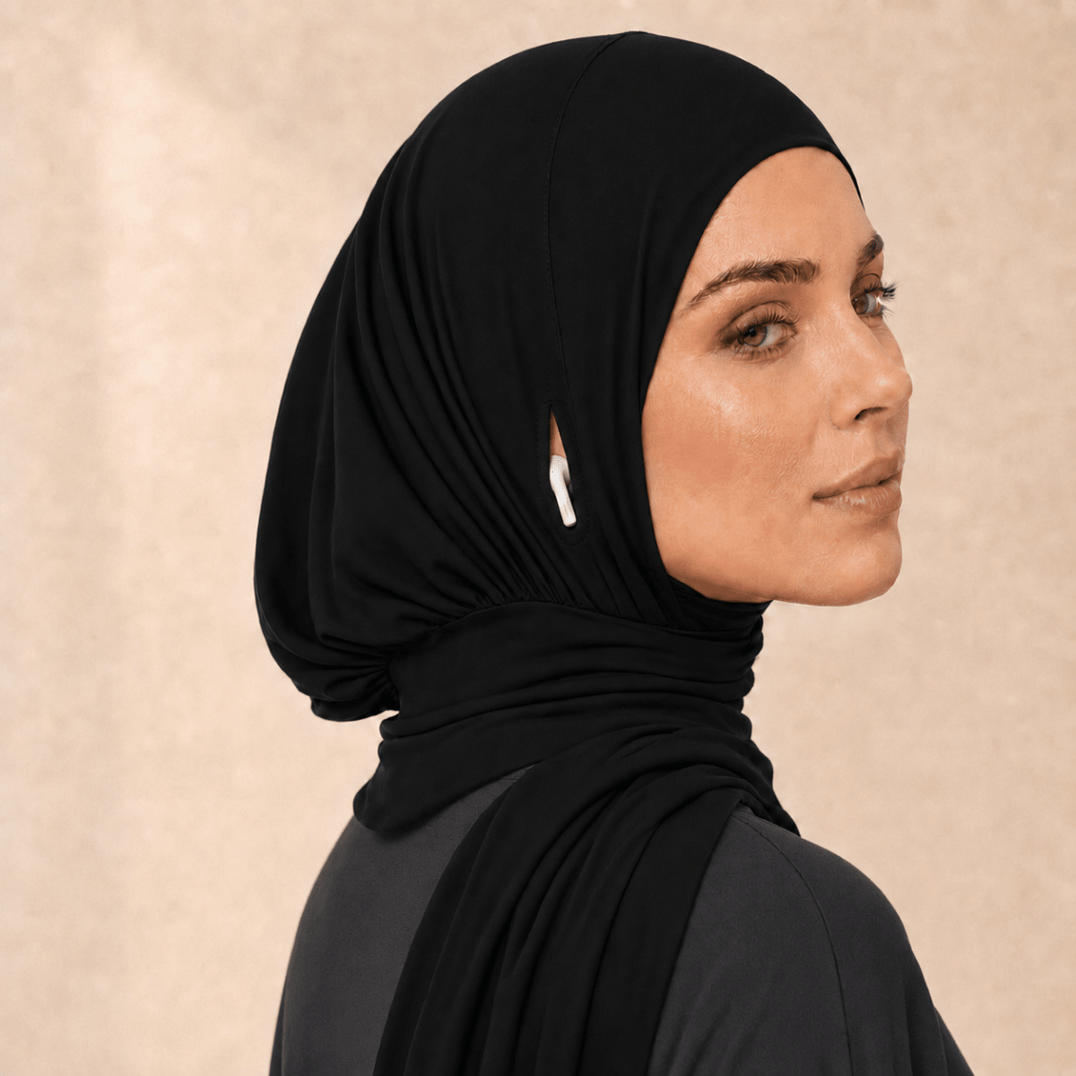 Side ear opening detail on cotton modal hijab liner