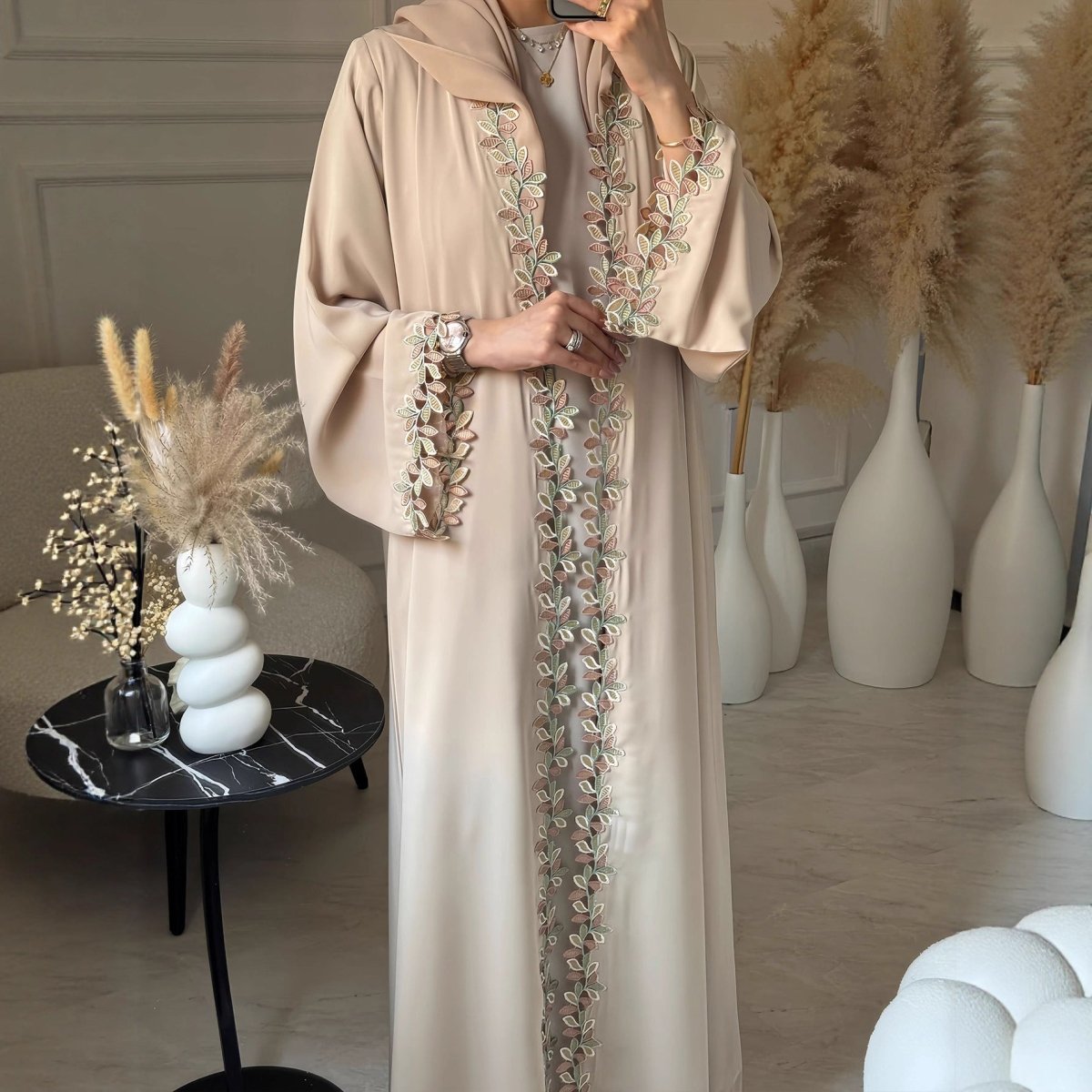 Leaf Lace Trim Abaya | Elegant Embroidered Open - Front Maxi Dress(MOA255) - Mariam's Collection
