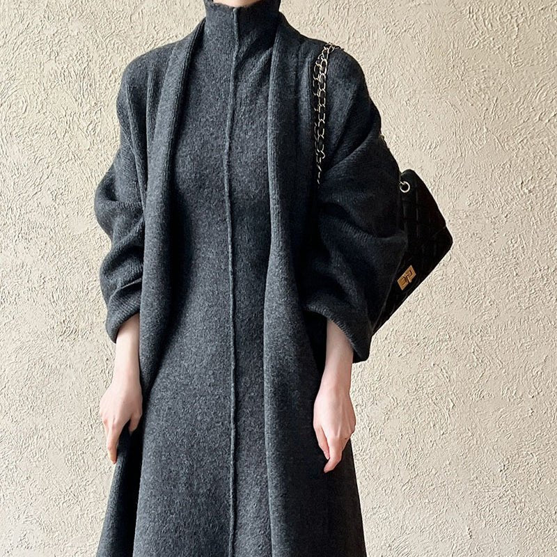 Long Knit Cardigan & Turtleneck Dress Set(MS177) - Mariam's Collection