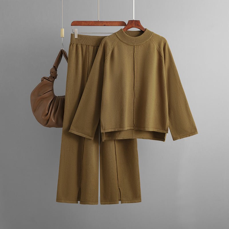 Loose Fit Solid Color Knit Two - Piece Set | Pullover Sweater & Wide Leg Pants with Side Slits(MS143) - Mariam's Collection