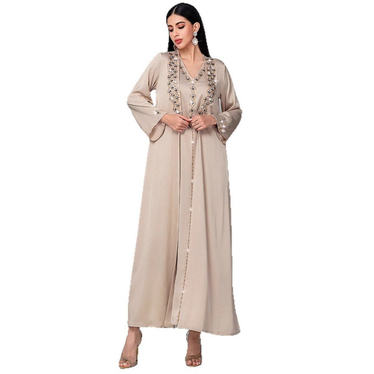 Luxury Muslim Kaftan Set Evening Wear | Beige Hand - Sewn Diamond Two - Piece Dress with Bell Sleeves(MOA202) - Mariam's Collection