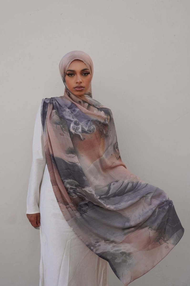 Luxury Premium Silk - Like Printed Hijab Scarf | 180x85cm Large Rectangle Hijab(MH146) - Mariam's Collection