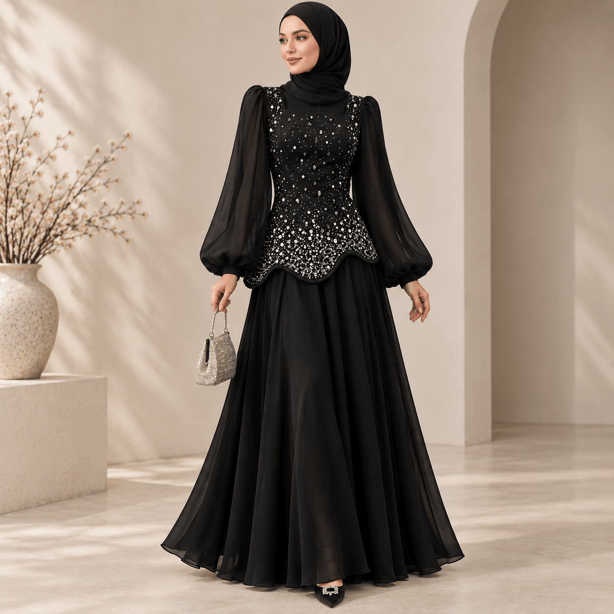 Rhinestone Wedding Abaya Set – Luxury Evening Abaya Suit