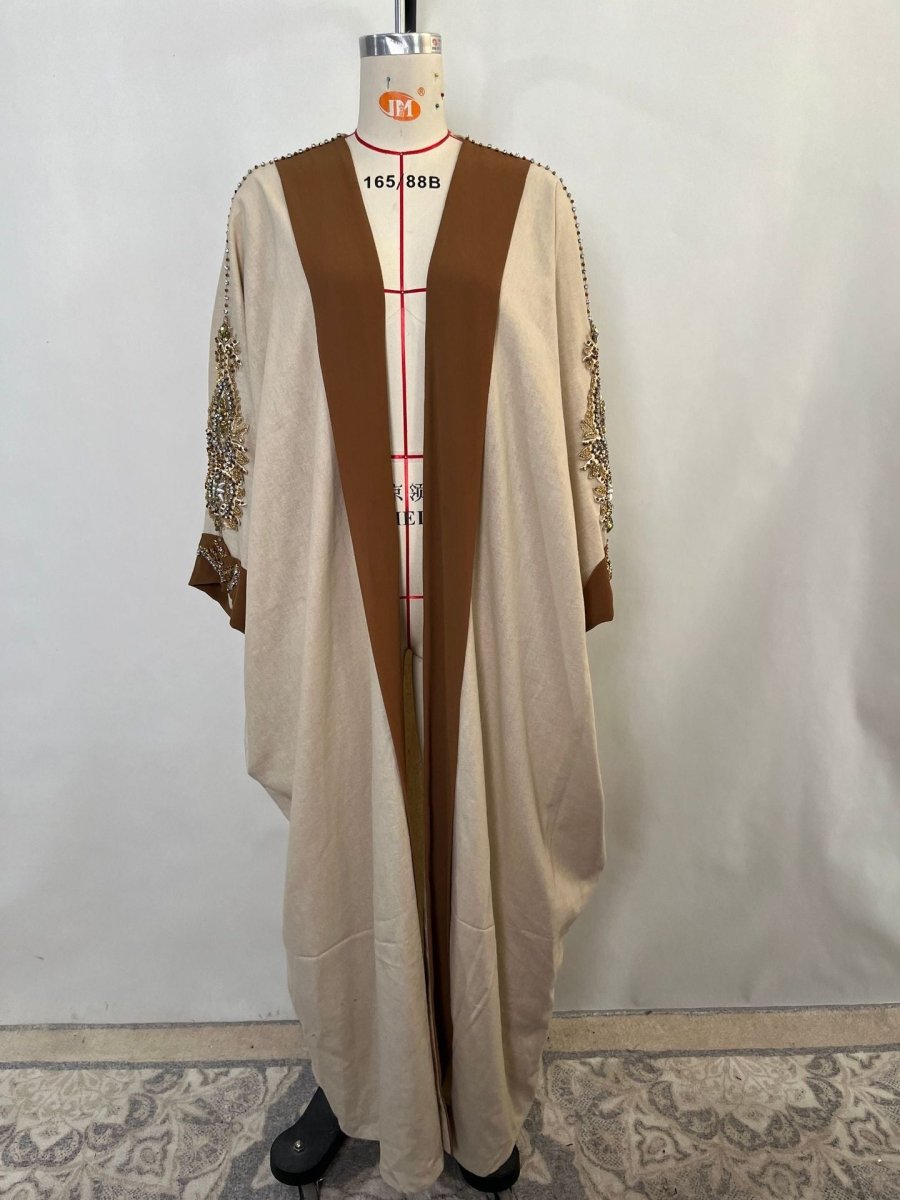 Luxury Rust Bead Muslim Wedding & Party Khaki Gold Embroidered Contrast Jacket Abaya. (MOA158) - Mariam's Collection