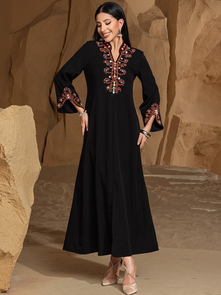 Luxury V - Neck Black & Gold Rice Bead Embroidered Party & Wedding Abaya. (MA187) - Mariam's Collection