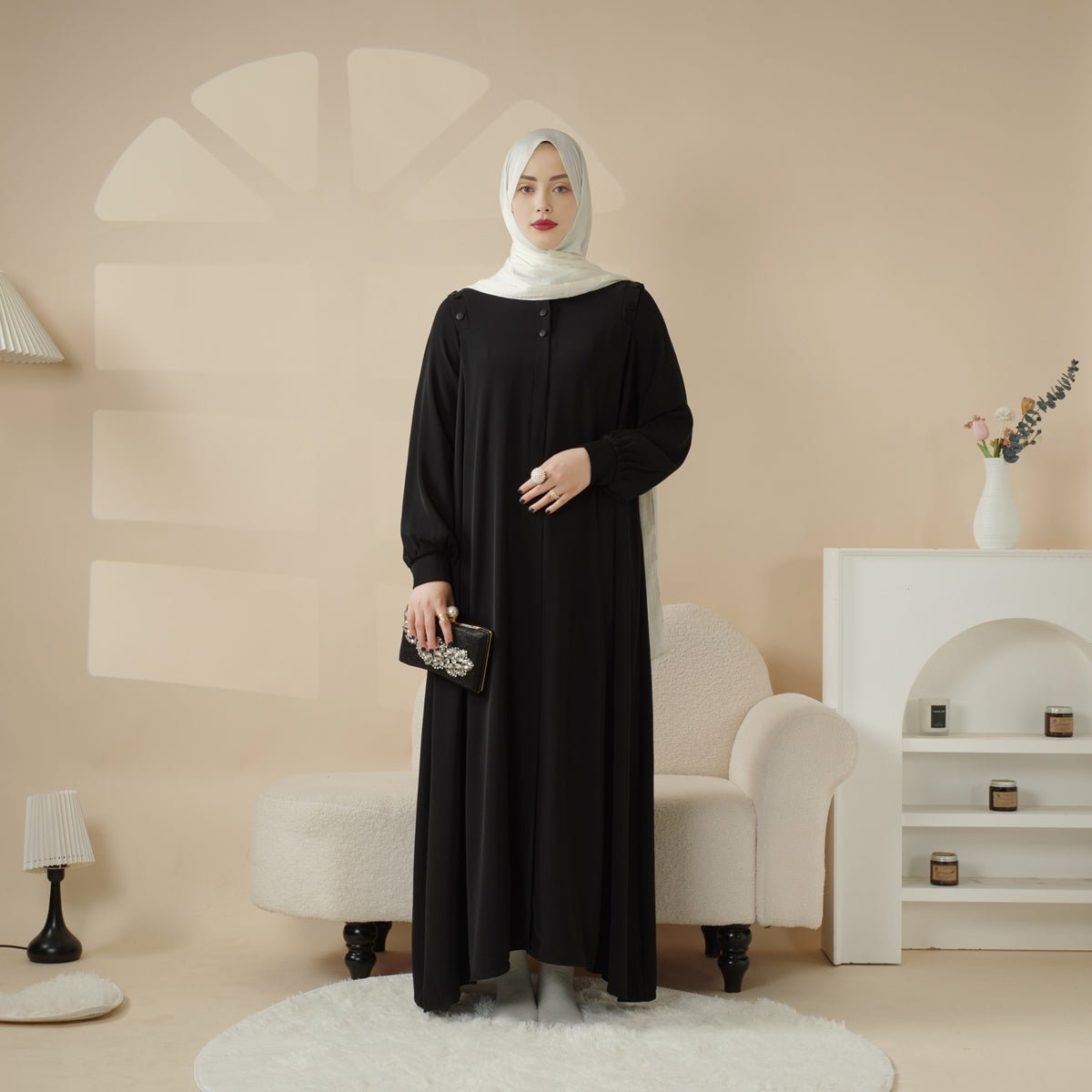 Colour range of the macaron shoulder button abaya
