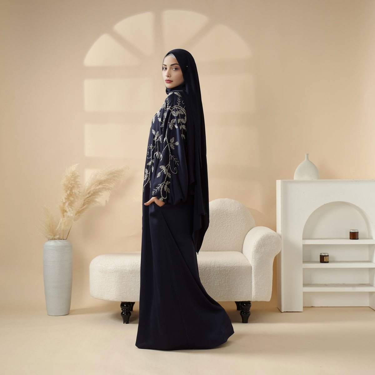 Modest Luxury Navy Blue Pleated Beaded Robe Abaya Set with Silver Embroidery. (MOA168) - Mariam's Collection
