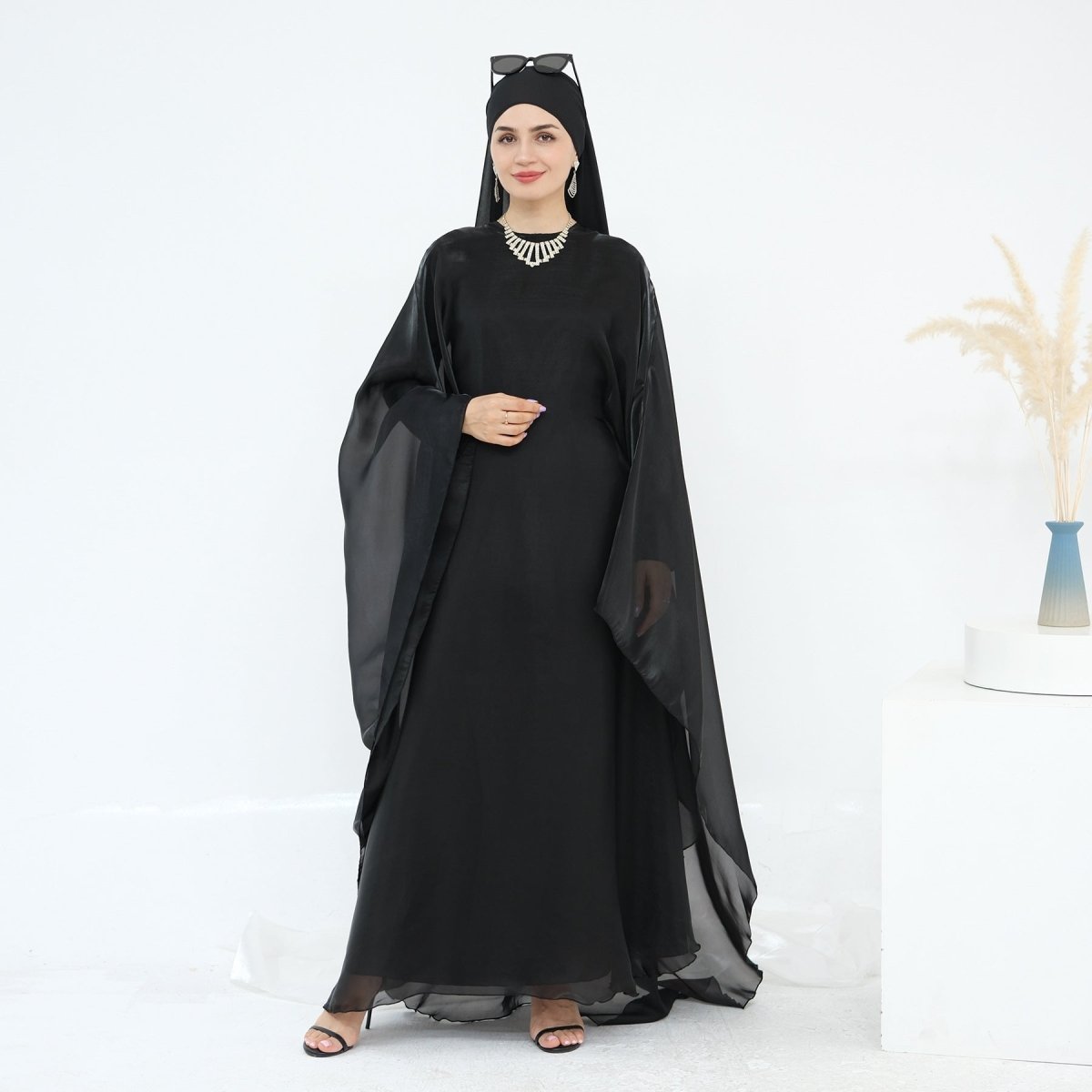 Modest Luxury Solid Color Robe Dress Set | Elegant Bell Sleeve Abaya. (MA246) - Mariam's Collection