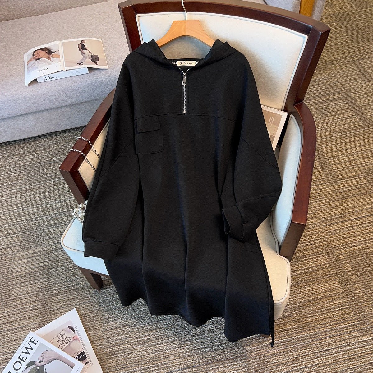 Oversized Half - Zip Hoodie Dress | Plus Size Midi Sweatshirt Dress(MS196) - Mariam's Collection