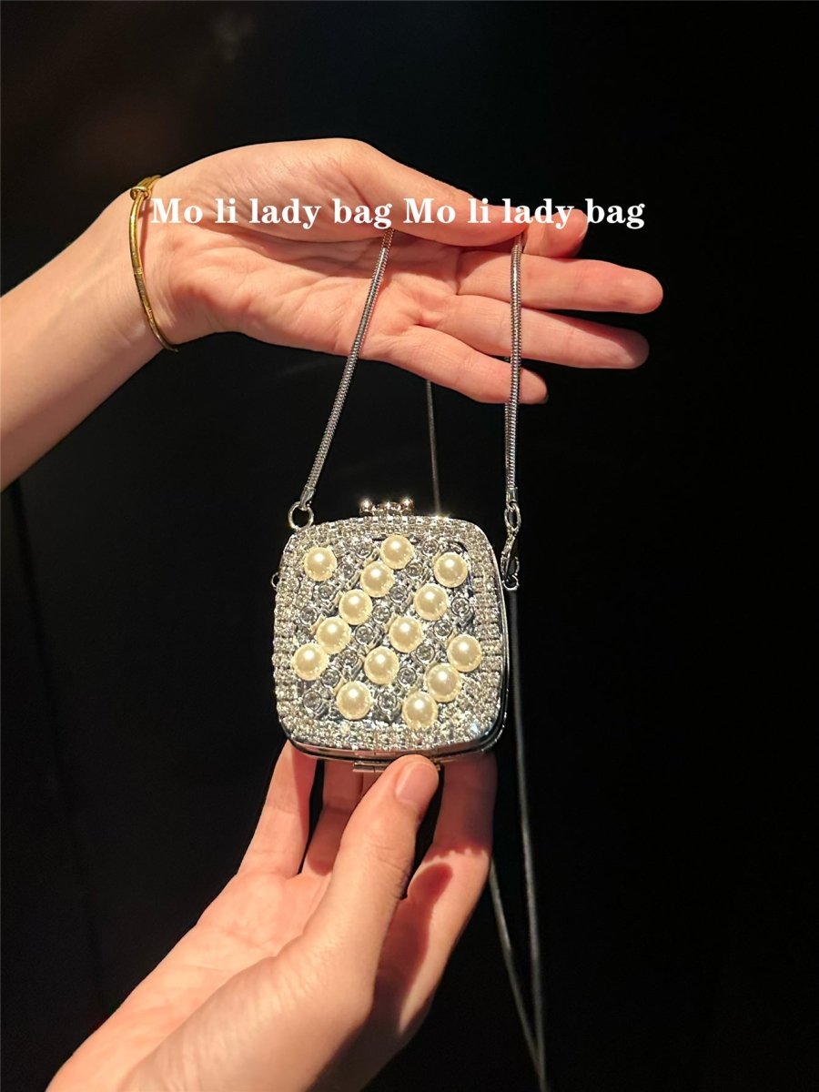 ‌Palm - Sized Diamond Mini Clutch Silver Glamour Gala Bag (MAC281) - Mariam's Collection