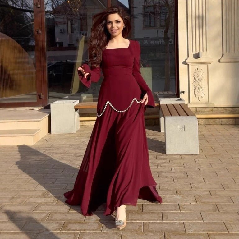 Pearl - Embellished Square Neck Maxi Dress | Modest Gowns with Long Sleeves(MA269) - Mariam's Collection