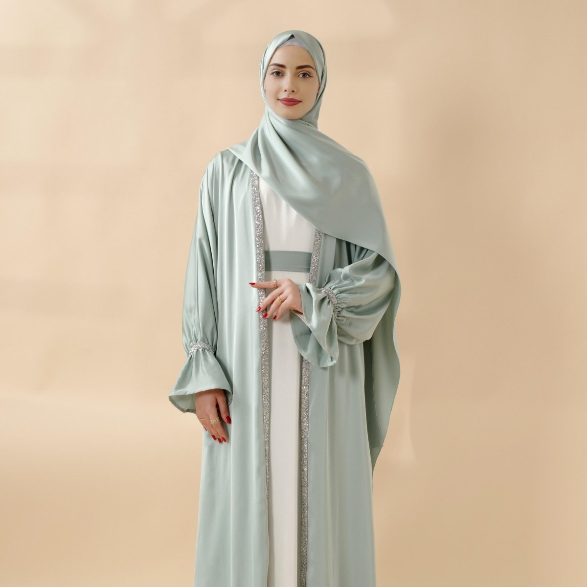 Poet Sleeve Satin Open Abaya With Matching Belt and Hijab (MOA009) - Mariam's Collection