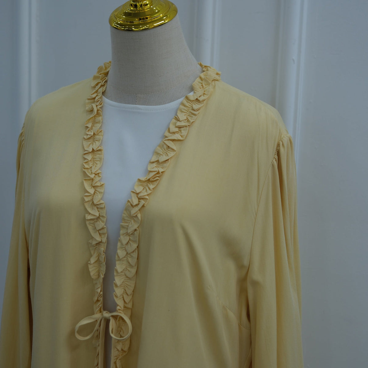 Ruffle-Trim Tie-Front Open Abaya | Lined Balloon-Sleeve Maxi Cardigan(MOA358) - Mariam's Collection