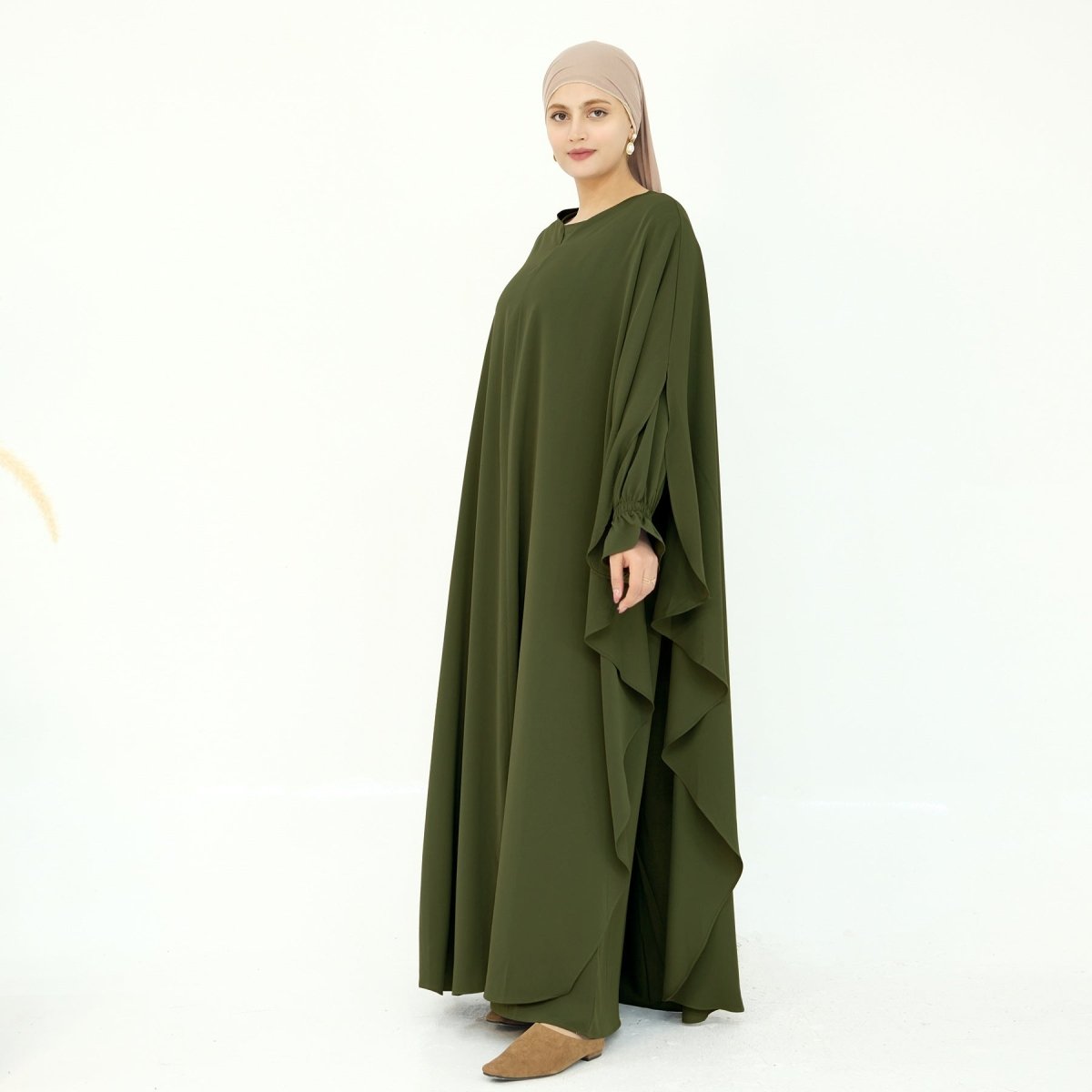 Solid Color Modest Robe Dress Two - Piece Set – Muslim Abaya with Puff Sleeves(MA275) - Mariam's Collection