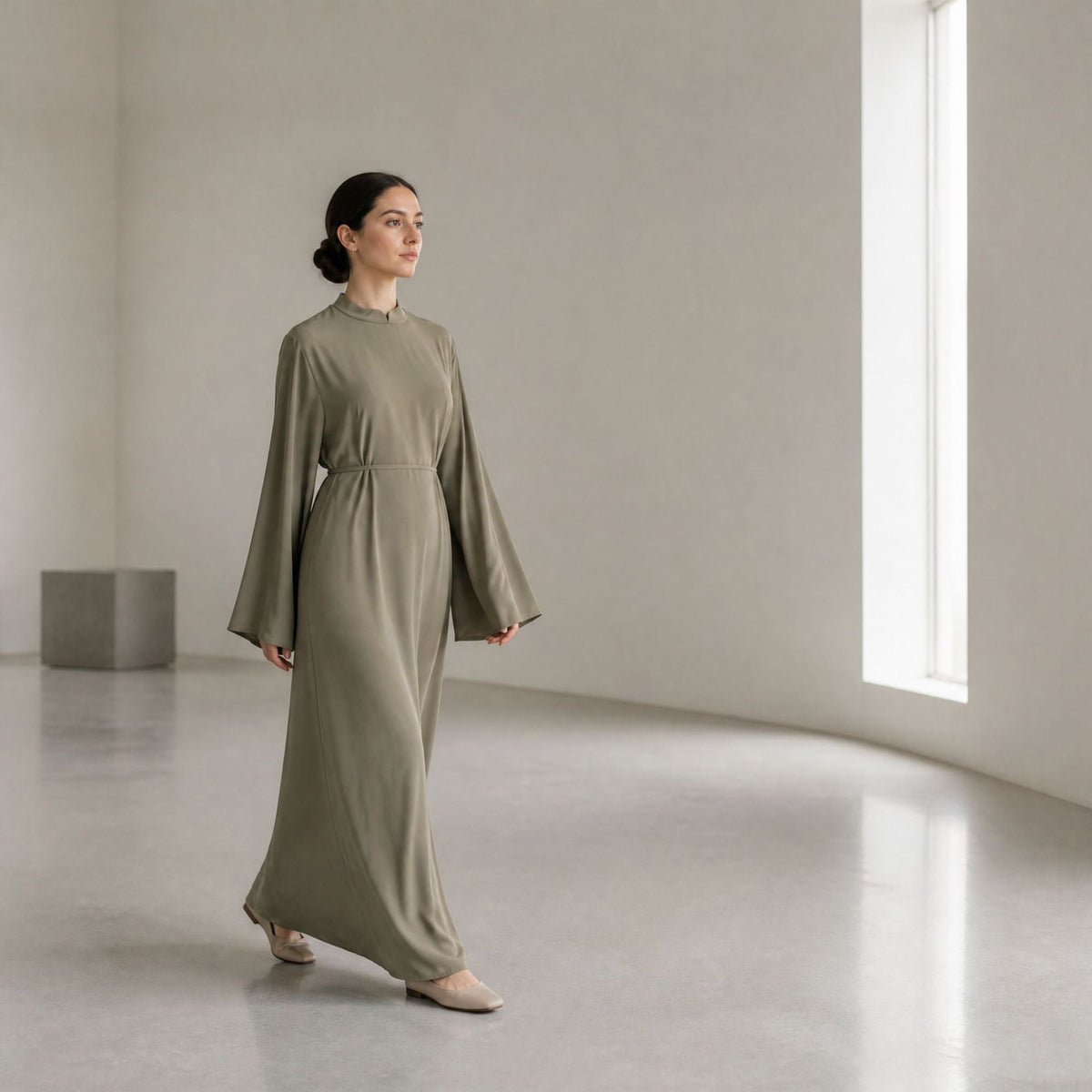 Stand-Collar Nida Maxi Dress | Long-Sleeve Belted Modest Dress(MA475) - Mariam's Collection