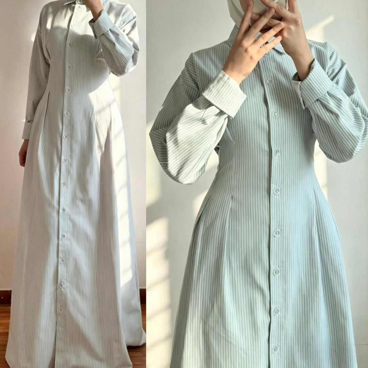 Side view showing A-line skirt and wide button cuffs of striped shirt maxi dress