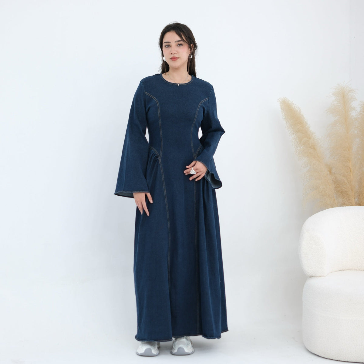 Tencel Denim Round-Neck Flared Maxi Dress(MS563) - Mariam's Collection