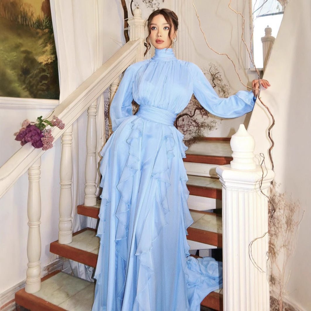 Tiered Ruffle Chiffon Evening Gown | High Neck Bow Sleeve Maxi Dress(MA349) - Mariam's Collection
