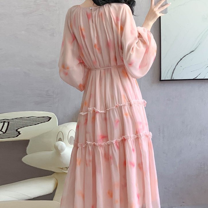 Watercolor Print Chiffon Maxi Dress | Long Sleeve Tiered Dress(MS270) - Mariam's Collection