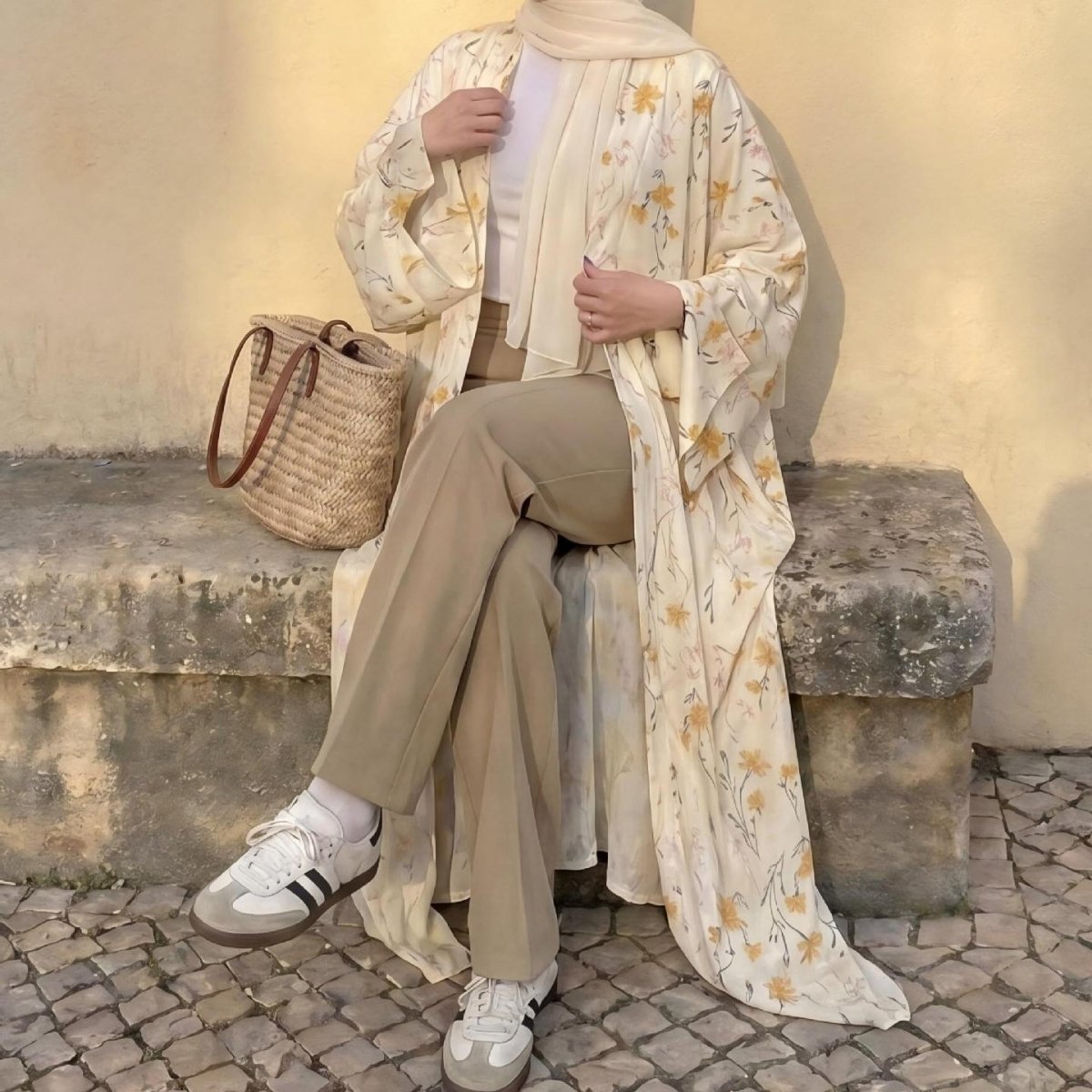 Yellow Floral Print Open Abaya – Tie-Cuff Summer Abaya